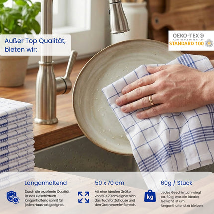 Geschirrtuch Klassik Azur (Blau) – 50 x 70 cm | 100% Baumwolle | Gastronomiequalität